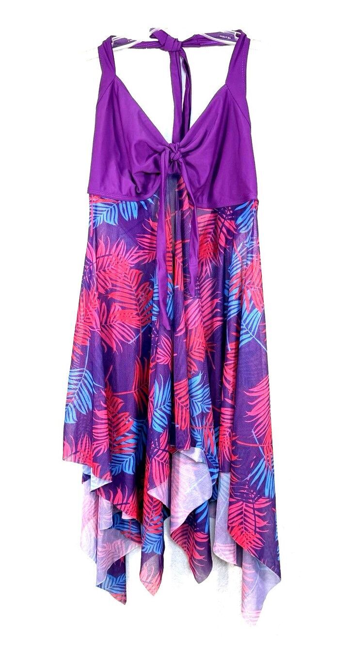 Swim Dress One Piece Halter Purple Pink Tropical Palm Print XXL Asymmetrical